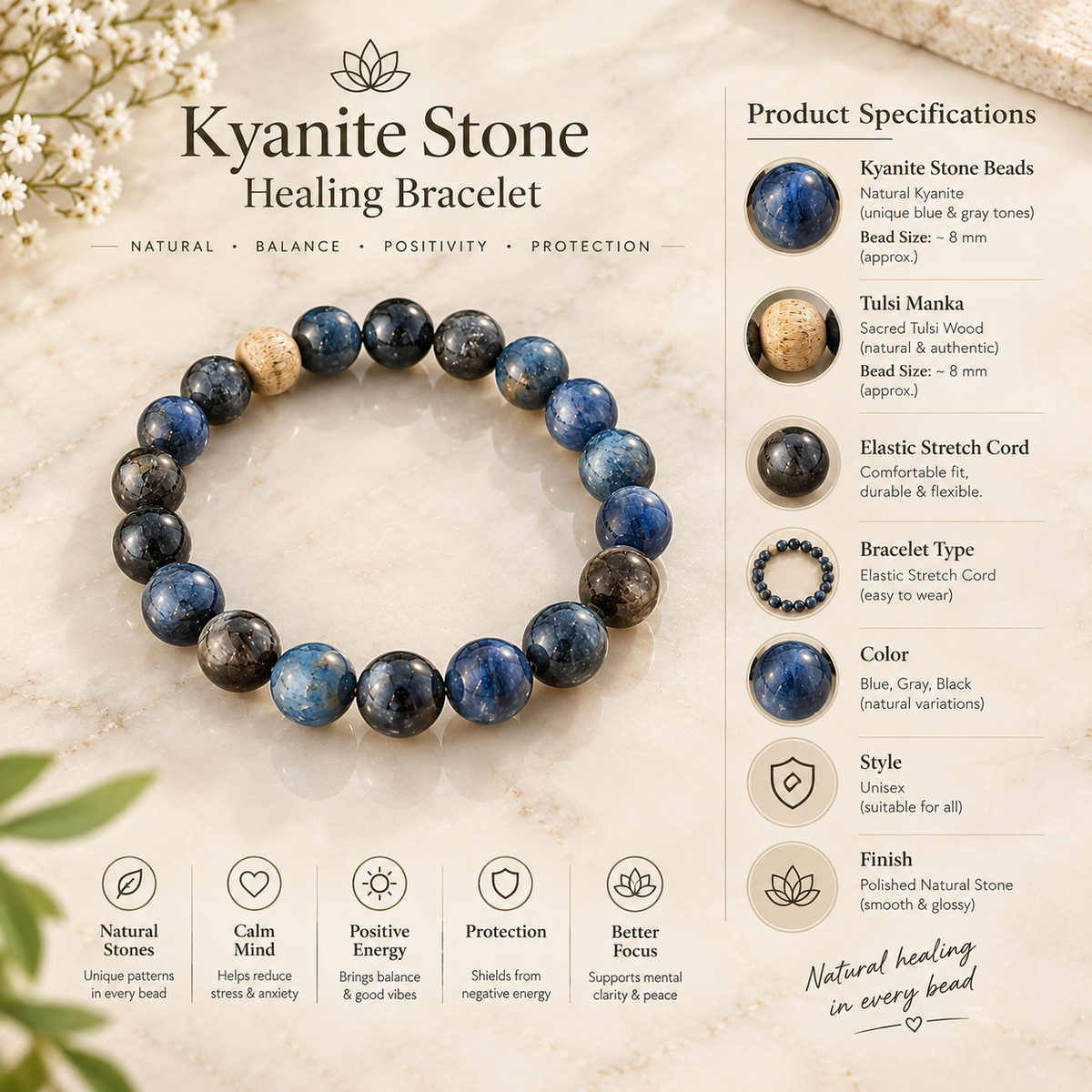Kyanite Stone Bracelet with Tulsi Manka 💙🌿