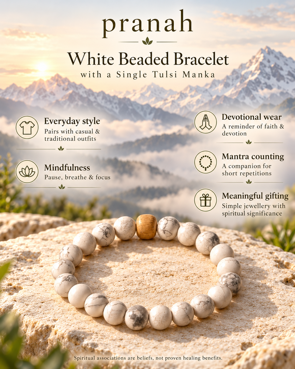 Pranah White Beaded Bracelet with a Single Tulsi Manka