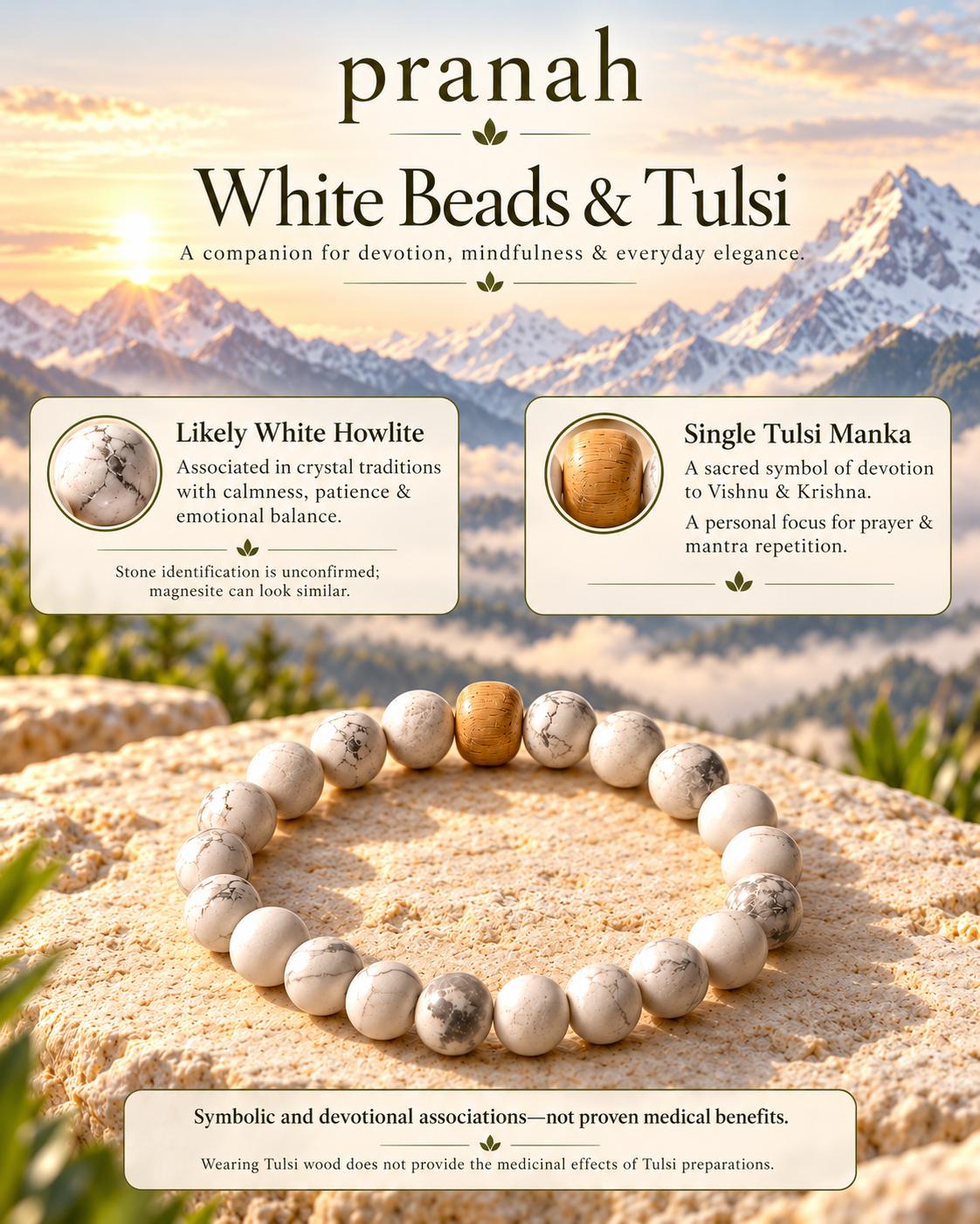 Pranah White Beaded Bracelet with a Single Tulsi Manka