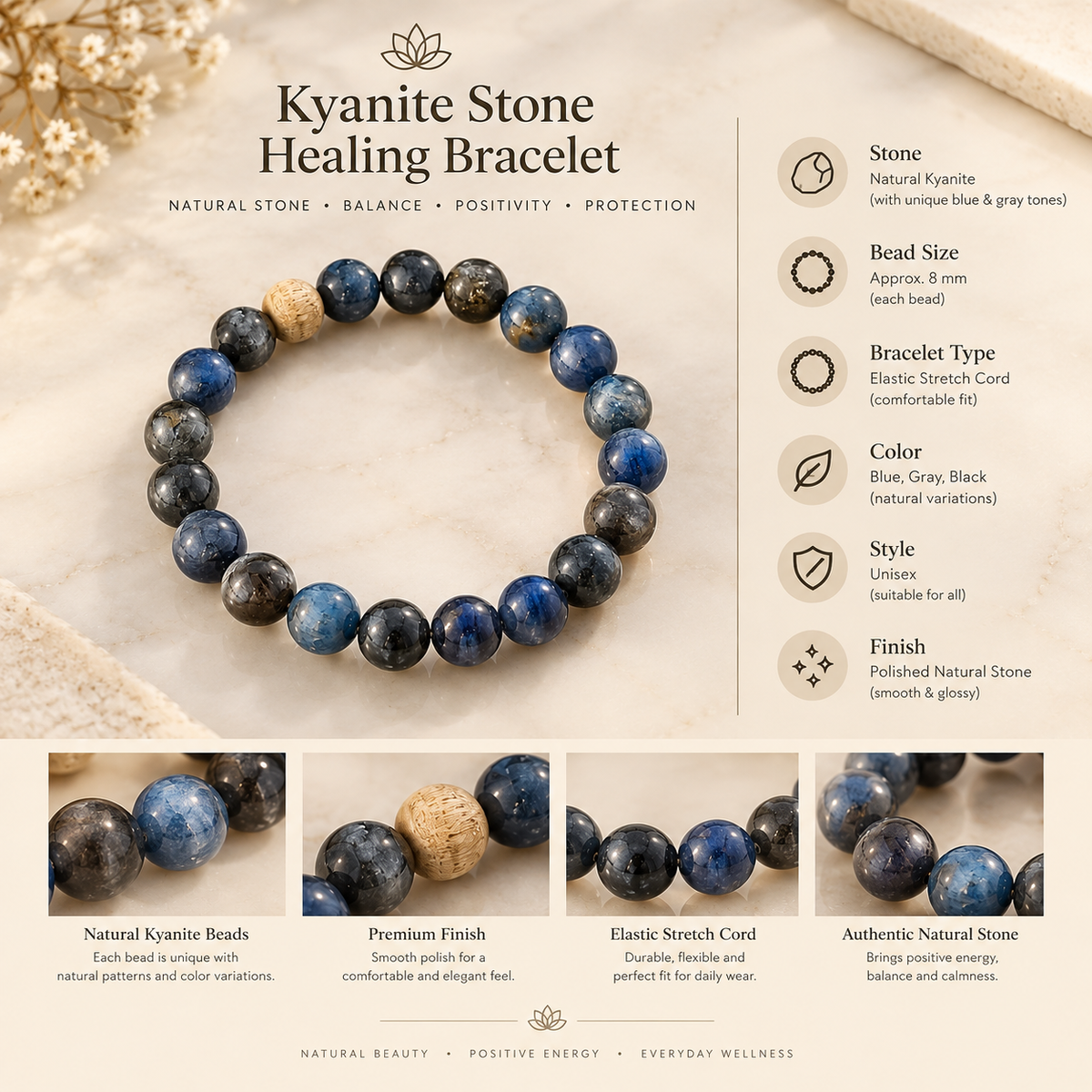 Kyanite Stone Bracelet with Tulsi Manka 💙🌿
